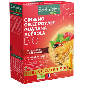 Santarome Bio Ginseng Gelée Royale Guarana Acérola Bio - Vitalité - 30 ampoules