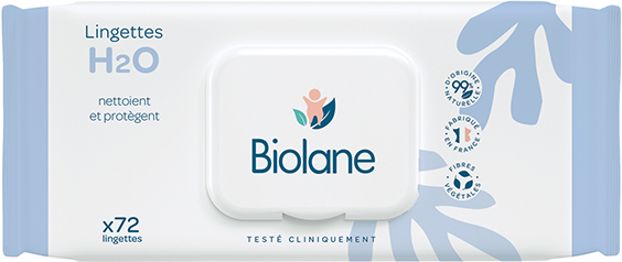 Biolane - Lingettes nettoyantes H2O à l'eau pour bébé - 72 lingettes épaisses