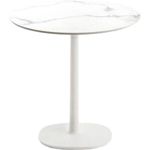 KARTELL table MULTIPLO avec plateau rond Ø 78 cm et petite base carree (Blanc - Aluminium moule et plateau en ceramique finition marbre)