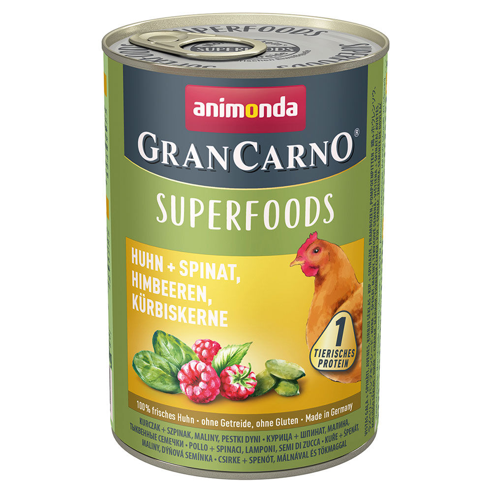 6x400g poulet, épinards, framboises, graines de potiron Animonda GranCarno Adult Superfoods boîtes pour chien