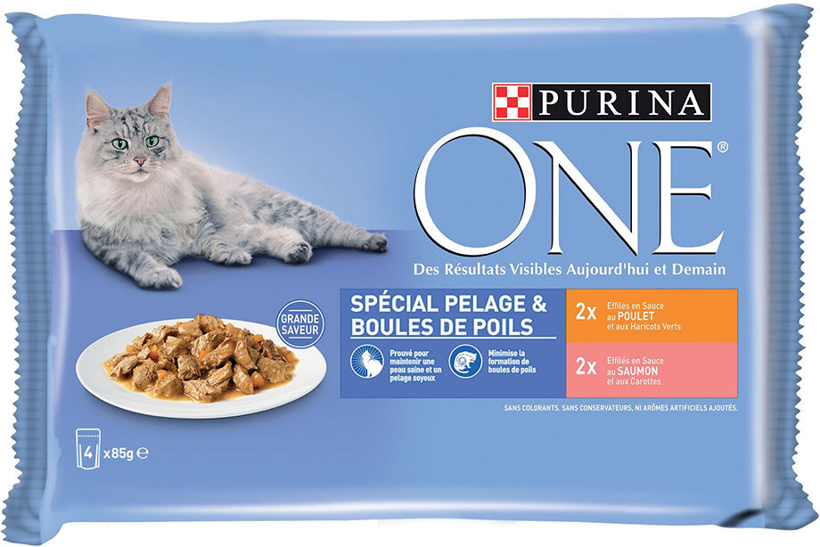 Lot PURINA ONE 24 x 85 g pour chat - Pelage & Boules de Poils - poulet, saumon