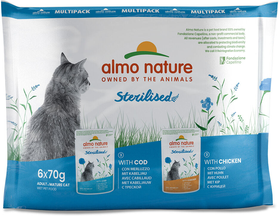 Almo Nature Holistic Sterilised pour chat - lot mixte : 6 x 70 g poulet + 6 x 70 g cabillaud