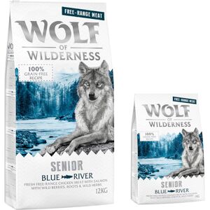 Croquettes Wolf of Wilderness sans cereales 12 kg + 2 kg offerts ! - Senior Blue River poulet eleve en liberte, saumon