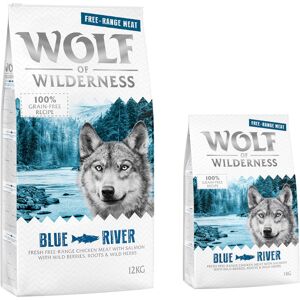 Croquettes Wolf of Wilderness sans cereales 12 kg + 2 kg offerts ! - Adult Blue River poulet eleve en liberte, saumon