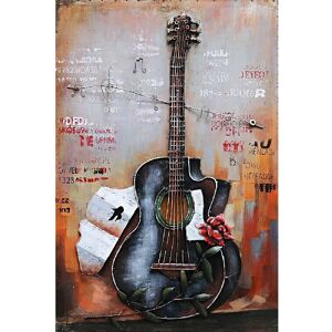 DECO-MURALE.shop Tableau relief en metal guitare noire 90x60