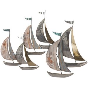 DECO-MURALE.shop Decoration murale en metal et bois voiliers en mer 71x55x3