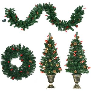 Homcom Lot de 4 pieces deco. de Noel couronne, guirlande, 2 sapins vert