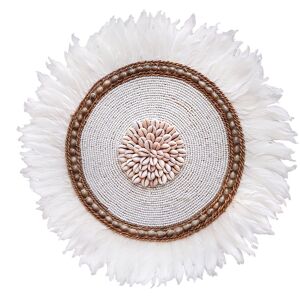 My Bliss Home Decoration murale en plumes, perles et coquillages, blanc D50 cm