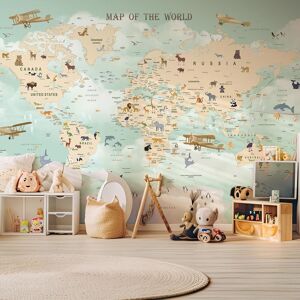 Hexoa Papier peint enfant motif carte du monde et avions 364x270cm