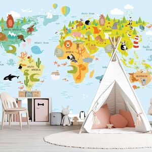 Hexoa Papier peint enfant motif carte du monde et animaux 364x270cm