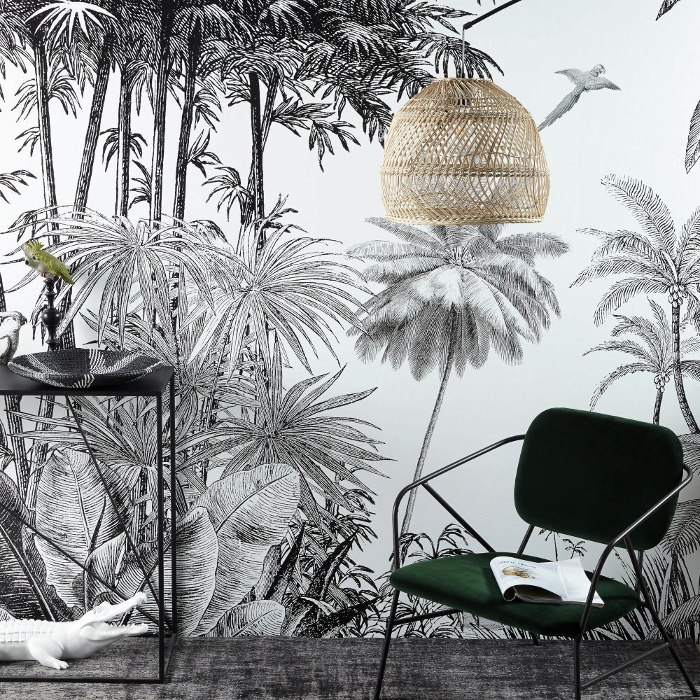 Maisons du Monde Papier peint panoramique intissé imprimé jungle noir et blanc 350x300