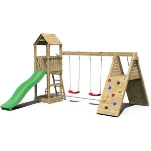 Fungoo Aire de jeux avec balancoire double et mur d'escalade en bois marron