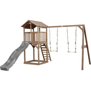 Axi Aire de jeux en bois marron avec 2 balancoires et toboggan gris