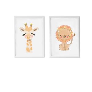 Crochetts Pack encadre bois blanc impression le girafe et lion 43X33 cm