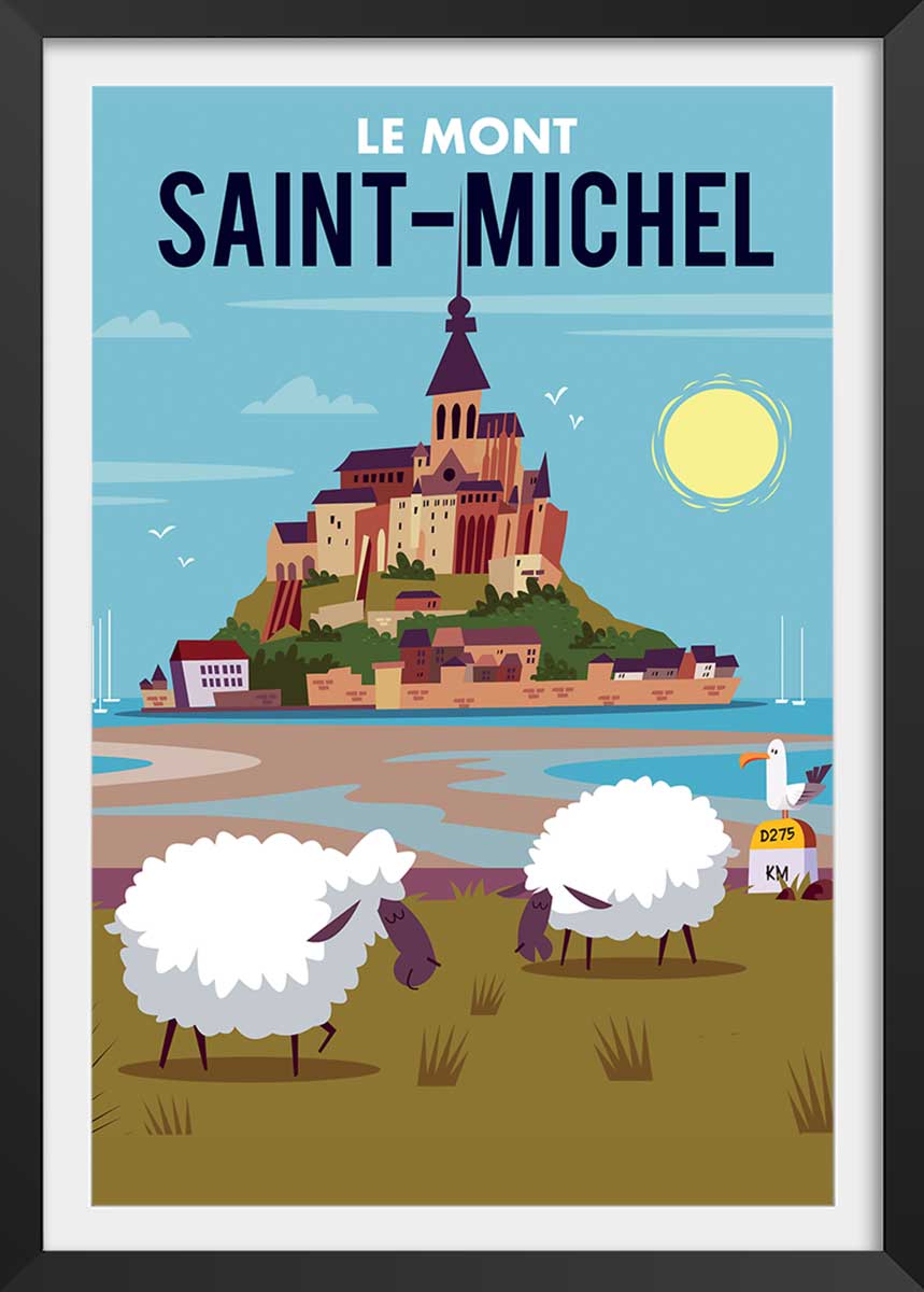 Hexoa Affiche mont Saint Michel avec cadre noir 60x90cm