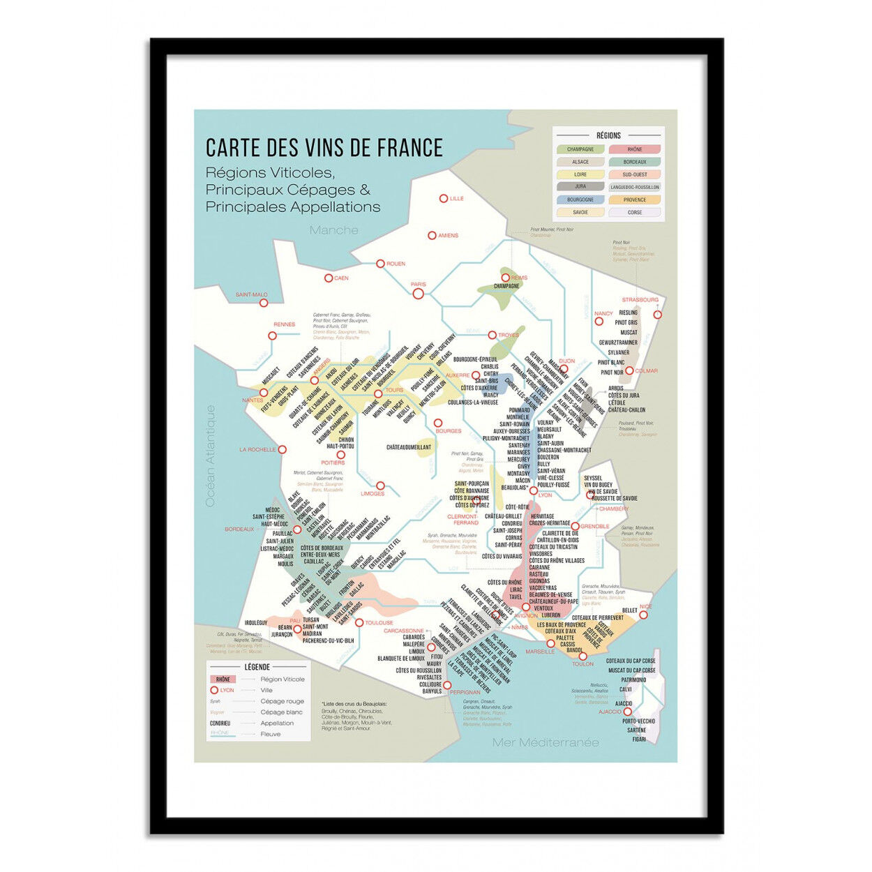 Wall Editions Affiche 50x70 cm et cadre noir - Carte des vins de France - Frog Post