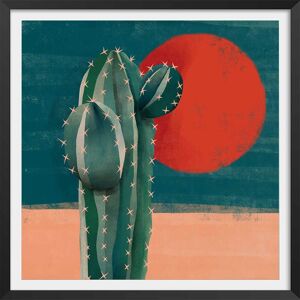 Hexoa Affiche illustration cactus et soleil rouge avec cadre noir 50x50cm