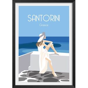 Hexoa Affiche voyage le bleu de Santorin avec cadre noir 40x60 cm