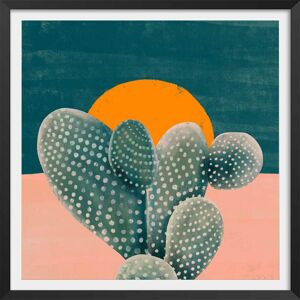 Hexoa Affiche illustration cactus et soleil orange avec cadre noir 50x50cm