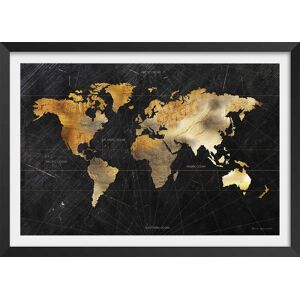 Hexoa Affiche carte du monde doree avec cadre noir 90x60cm