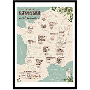 Wall Editions Affiche 50x70 cm et cadre noir - Carte des fromages de France - Frog