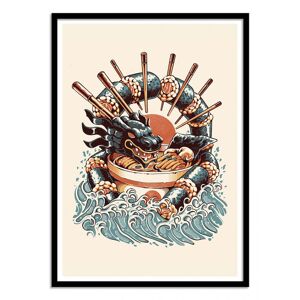 Wall Editions Affiche 50x70 cm et cadre noir - Sushi and Ramen Dragon - Ilustrata