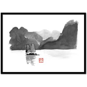 Wall Editions HALONG BAY - Affiche d'art avec Cadre bois noir - 50 x 70 cm