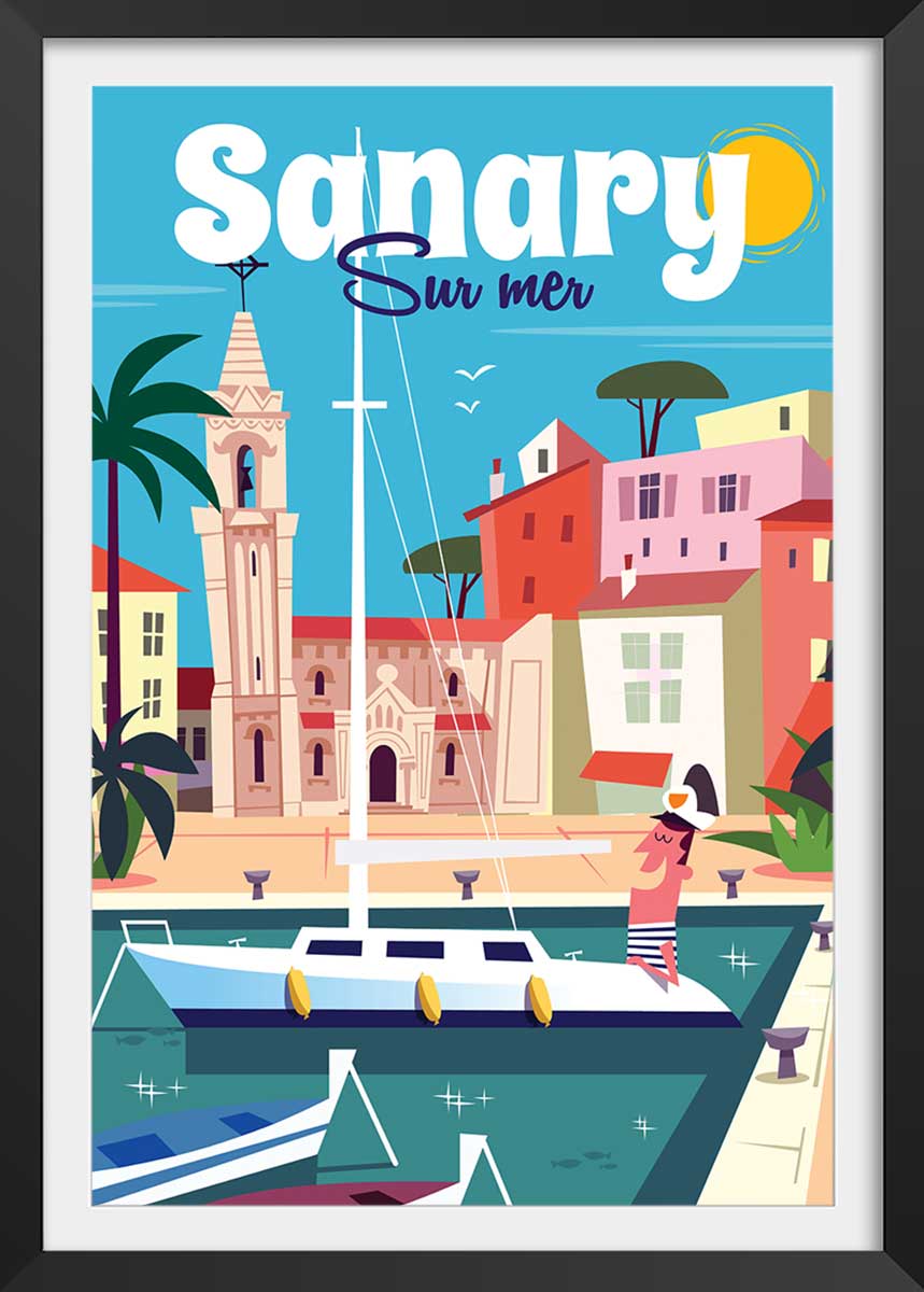 Hexoa Affiche vacances à Sanary avec cadre noir 60x90cm