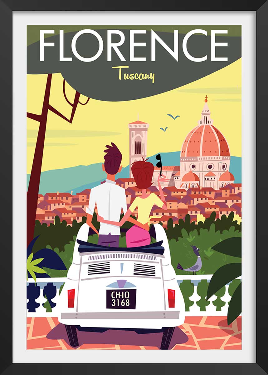 Hexoa Affiche voyage à florence avec cadre noir 60x90cm