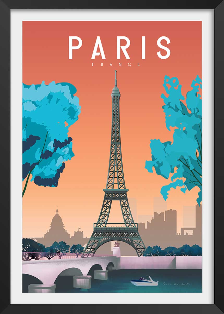 Hexoa Affiche ville retro Paris France avec cadre noir 60x90cm