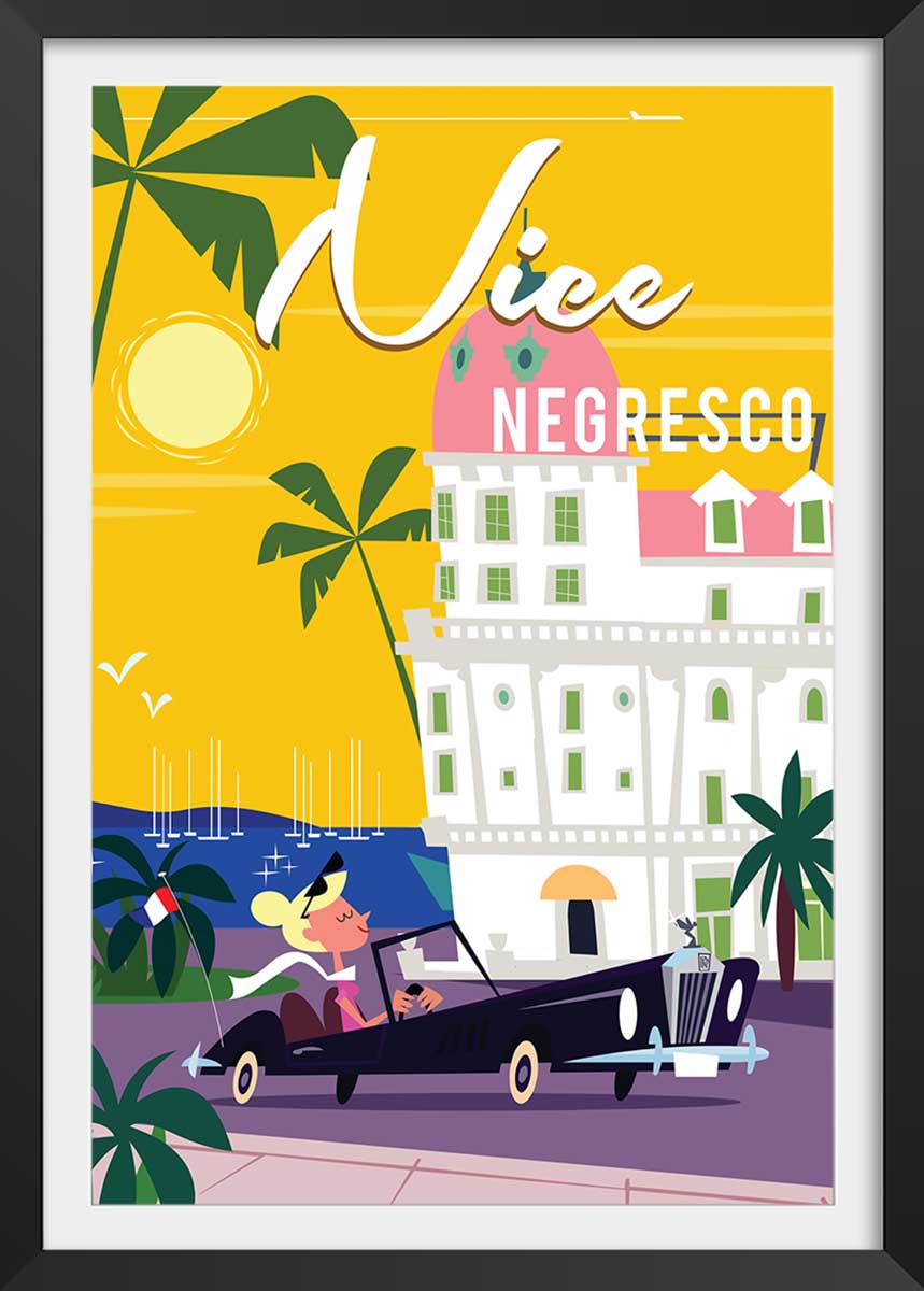 Hexoa Affiche vacances à Nice avec cadre noir 60x90cm