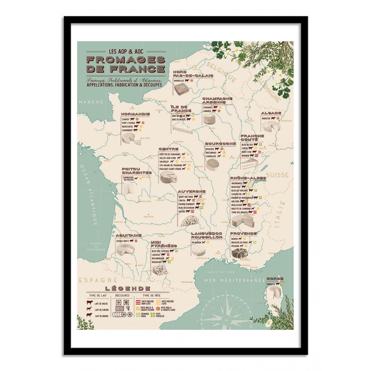 Wall Editions Affiche 50x70 cm et cadre noir - Carte des fromages de France - Frog