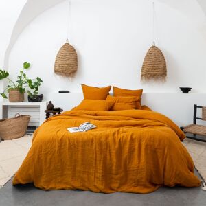 Carre Blanc Housse de couette lin et coton lave uni orange 240 x 220 cm