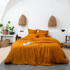 Carre Blanc Housse de couette lin et coton lave uni orange 260 x 240 cm