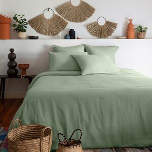 Carre Blanc Housse de couette lin et coton lave uni vert 260 x 240 cm