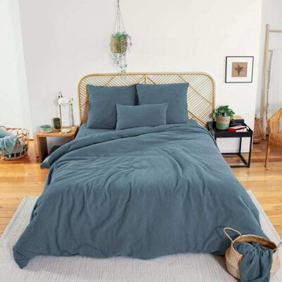 sweeek Parure de lit gaze de coton bleu foncé 240x220cm - Publicité sweeek Parure de lit gaze de coton bleu foncé 240x220cm - Publicité