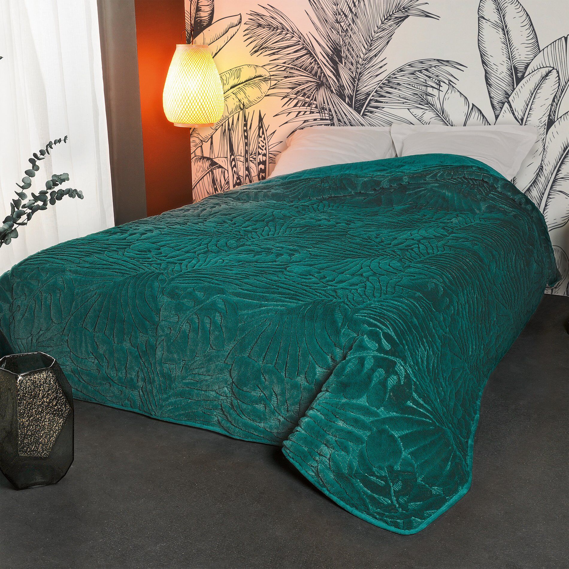 Linder Dessus de lit feuillages polyester vert emeraude 150x150cm