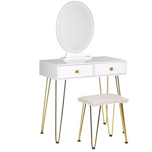 Beliani Coiffeuse blanc et dore avec miroir a LED et tabouret