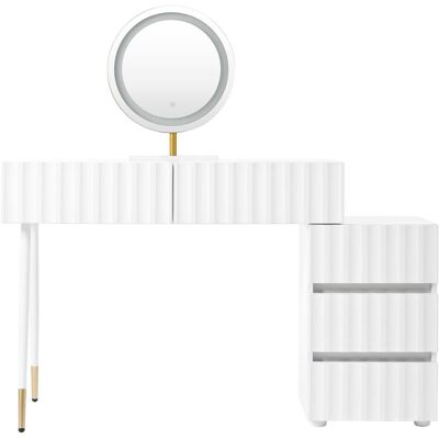 Meubles Cosy Coiffeuse blanche, miroir led rond, 4 tiroirs, design ondulé - Publicité Meubles Cosy Coiffeuse blanche, miroir led rond, 4 tiroirs, design ondulé - Publicité