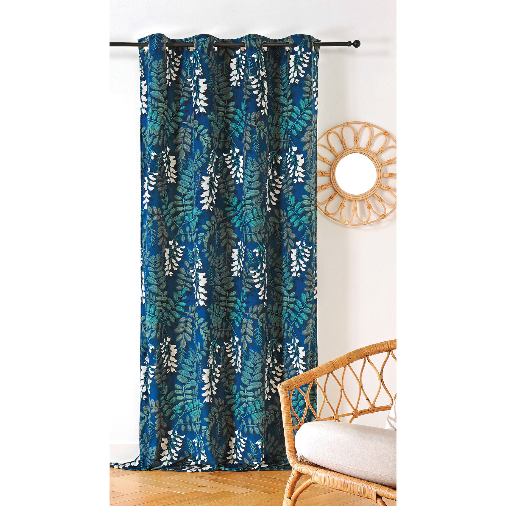 Linder Rideau d'ameublement aux feuilles d'acacia polyester bleu 145x270 cm