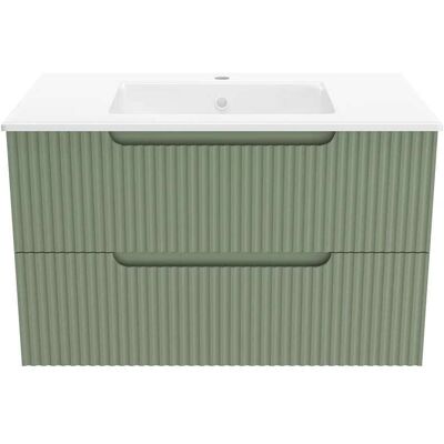Aurlane - Meuble de salle de bain 80cm Vert Olive - Tiroirs MDF Ondulés - Lavabo encastré - Publicité Aurlane - Meuble de salle de bain 80cm Vert Olive - Tiroirs MDF Ondulés - Lavabo encastré - Publicité