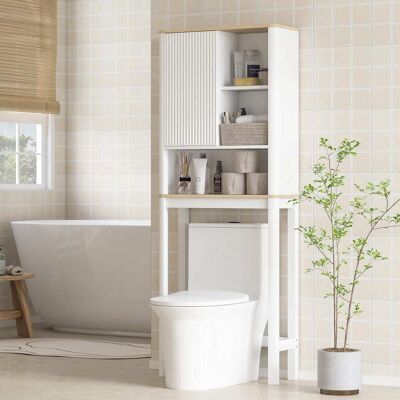 Homcom Meuble wc dessus de toilette porte cannelée mdf blanc - Publicité Homcom Meuble wc dessus de toilette porte cannelée mdf blanc - Publicité