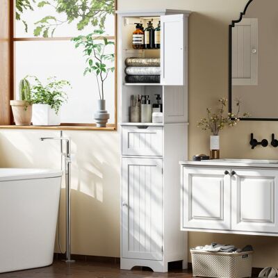 Homcom Meuble colonne salle de bain éclairage led tiroir 2 portes mdf blanc - Publicité Homcom Meuble colonne salle de bain éclairage led tiroir 2 portes mdf blanc - Publicité