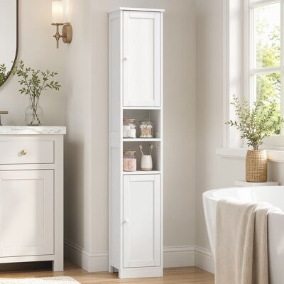 Homcom Colonne salle de bain 2 portes 2 compartiments ouverts bois blanc - Publicité Homcom Colonne salle de bain 2 portes 2 compartiments ouverts bois blanc - Publicité