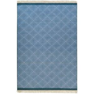 Esprit Tapis plat tisse main pure laine vierge a franges bleu 80x150