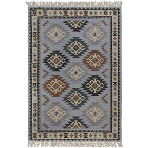 Green Loop Tapis kilim pure laine tisse main ethnique chic a franges 140x200