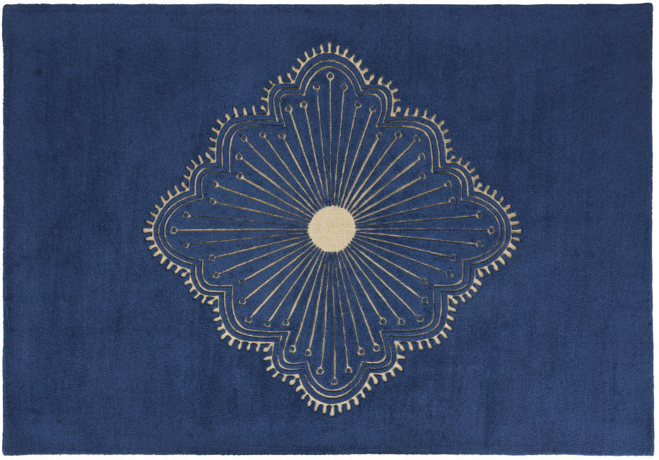 Maisons du Monde Tapis en laine tuftée bleu marine imprimé floral ciselé doré 160x230