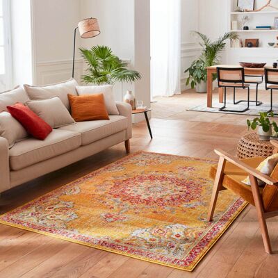 Nazar Tapis salon vintage - poils court et doux jaune 120x170 - Publicité Nazar Tapis salon vintage - poils court et doux jaune 120x170 - Publicité