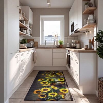 Atticgo Tapis de cuisine lavable fleurs jaune/vert/gris 52x200 cm - Publicité Atticgo Tapis de cuisine lavable fleurs jaune/vert/gris 52x200 cm - Publicité