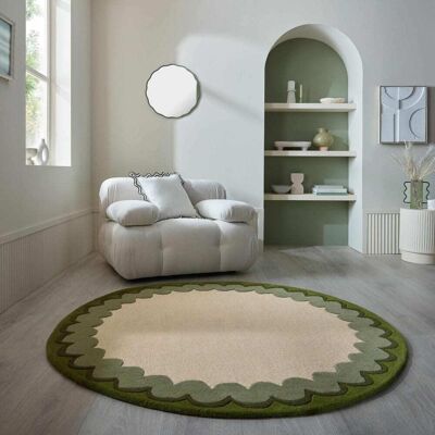 Flair Rugs Tapis rond en laine beige à bordure vert olive 160x160cm - Publicité Flair Rugs Tapis rond en laine beige à bordure vert olive 160x160cm - Publicité